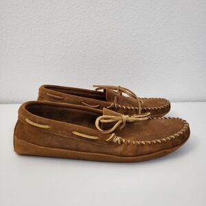 MINNETONKA Driving Moccasins Mens 10.5 Soft Sole Leather Double Bottom Brown